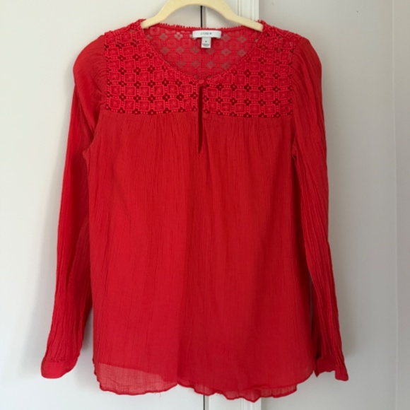 J.Crew Red Cotton Gauze Blouse with Embroidered detail. Size 8 - Picture 3 of 5